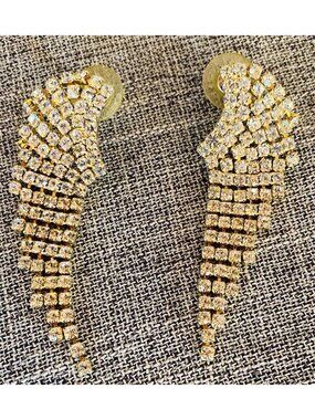 Vintage Goldtone Rhinestone Encrusted 2.5” Drop Angel Wings Earrings
